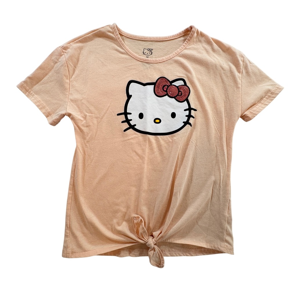 Hello Kitty Sanrio Graphic T-Shirt Girl 12 Peach Sequin Bow Front Tie Casual Tee - Picture 2 of 8